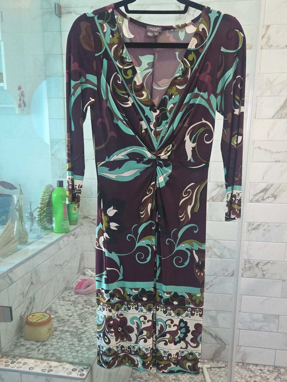 Muse Brown Teal Floral Wrap-Style Dress